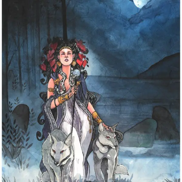 Hécate et ses loups sous la pleine lune- aquarelle originale