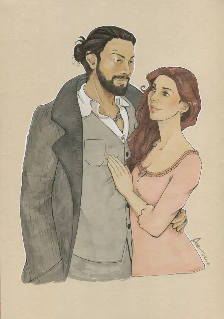 Un dessin représentant un couple homme femme. L'homme est grand, brun et porte un manteau chic. La femme est plus petite, vêtue simplement et le regarde avec tendresse.