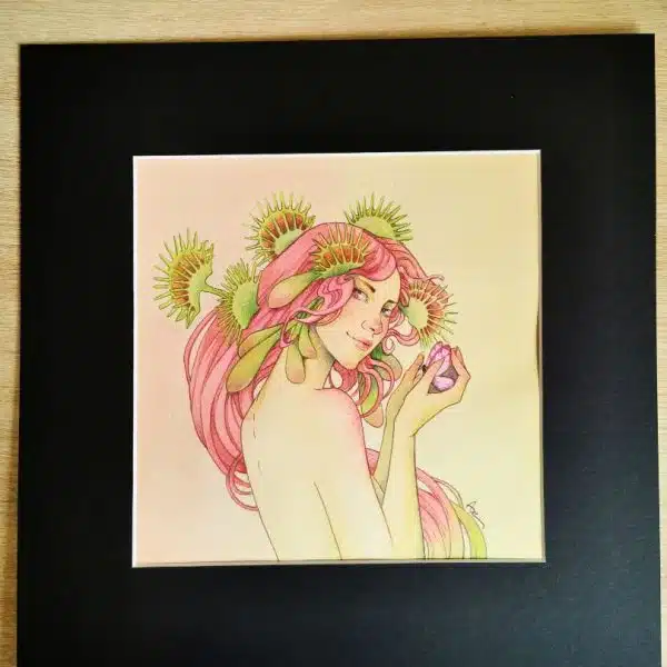 Une aquarelle féerique carrée représentant une femme aux cheveux ornés de fleur de plante carnivore dionée attrape-mouche