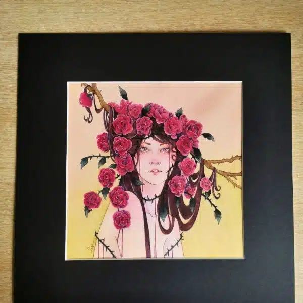 Une aquarelle carrée représentant une jeune fille coiffée de roses rouges. Collection des Fées du jardin par Aemarielle