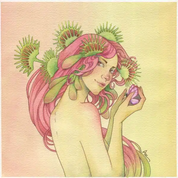 Une fée à la peau vert cuivré, aux cheveux roses constellés de fleurs de dionée attrape-mouches