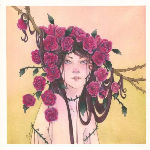 Une jeune fille aux cheveux ornés de roses rouges.
