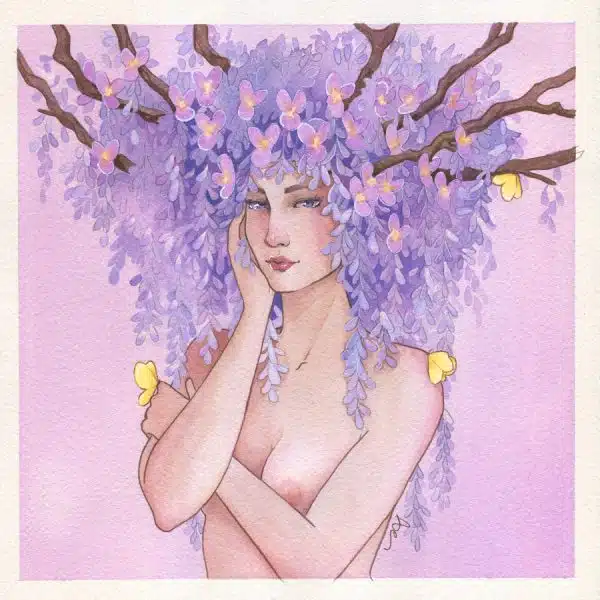 Une femme torse nu à la chevelure constituée de branches de glycine fleurie.